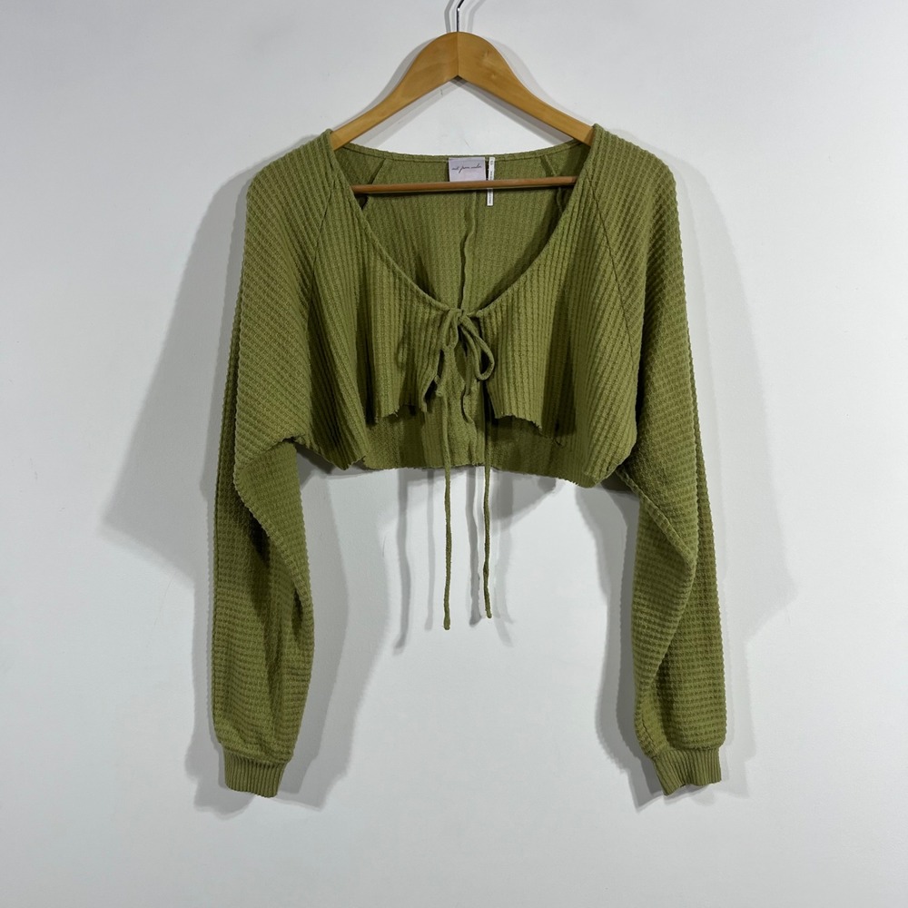 UO Fairy Grunge Boho Whimsigoth Waffle Knit Tie Front Shrug Olive Green XS